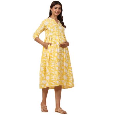 Pregnent Woman Floral Print A-Line Dress with Insert Pocket